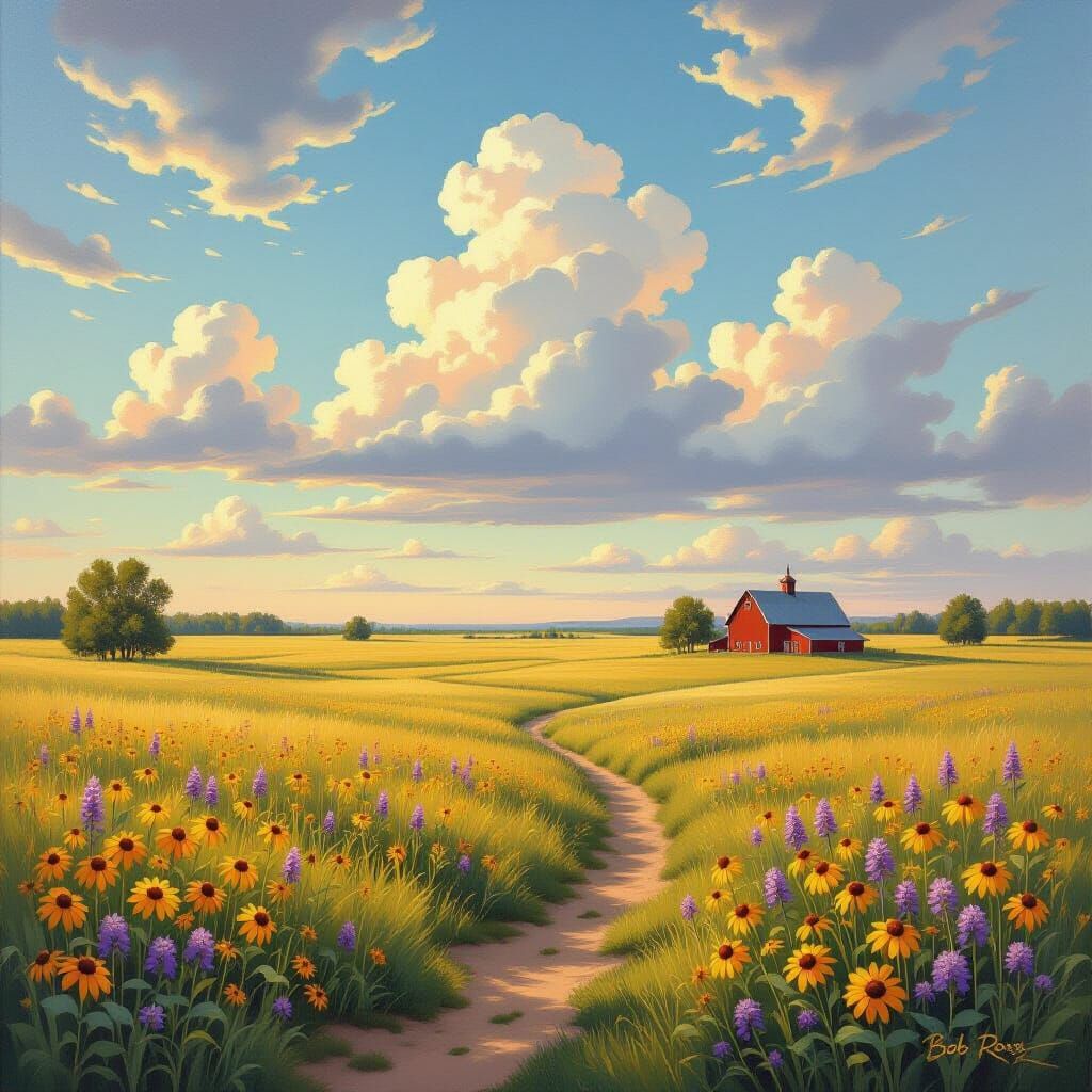 Bob Ross Style Prairie Landscape in Golden Afternoon Light