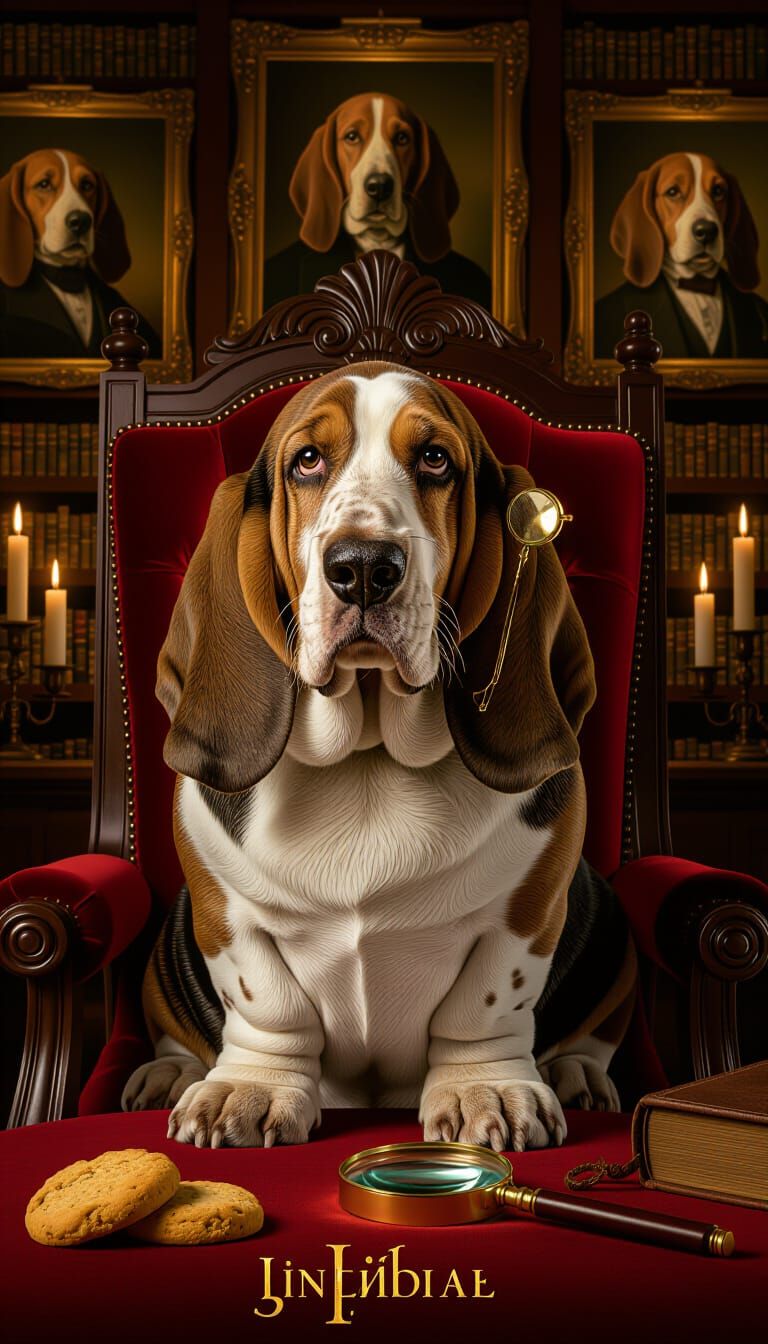 Noble Basset Hound Presides in Candlelit Library