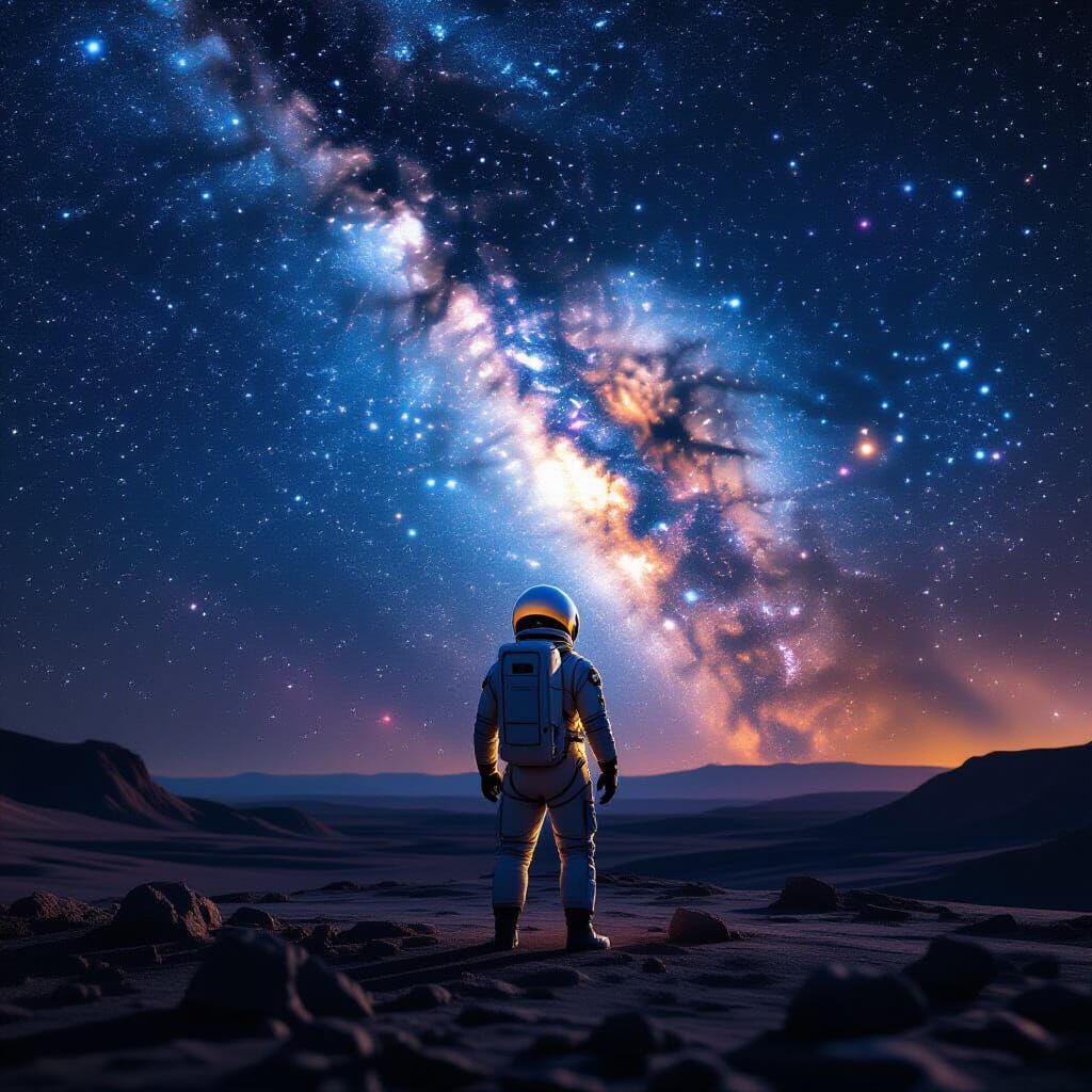 Astronaut Contemplates Nebula on Alien Planet