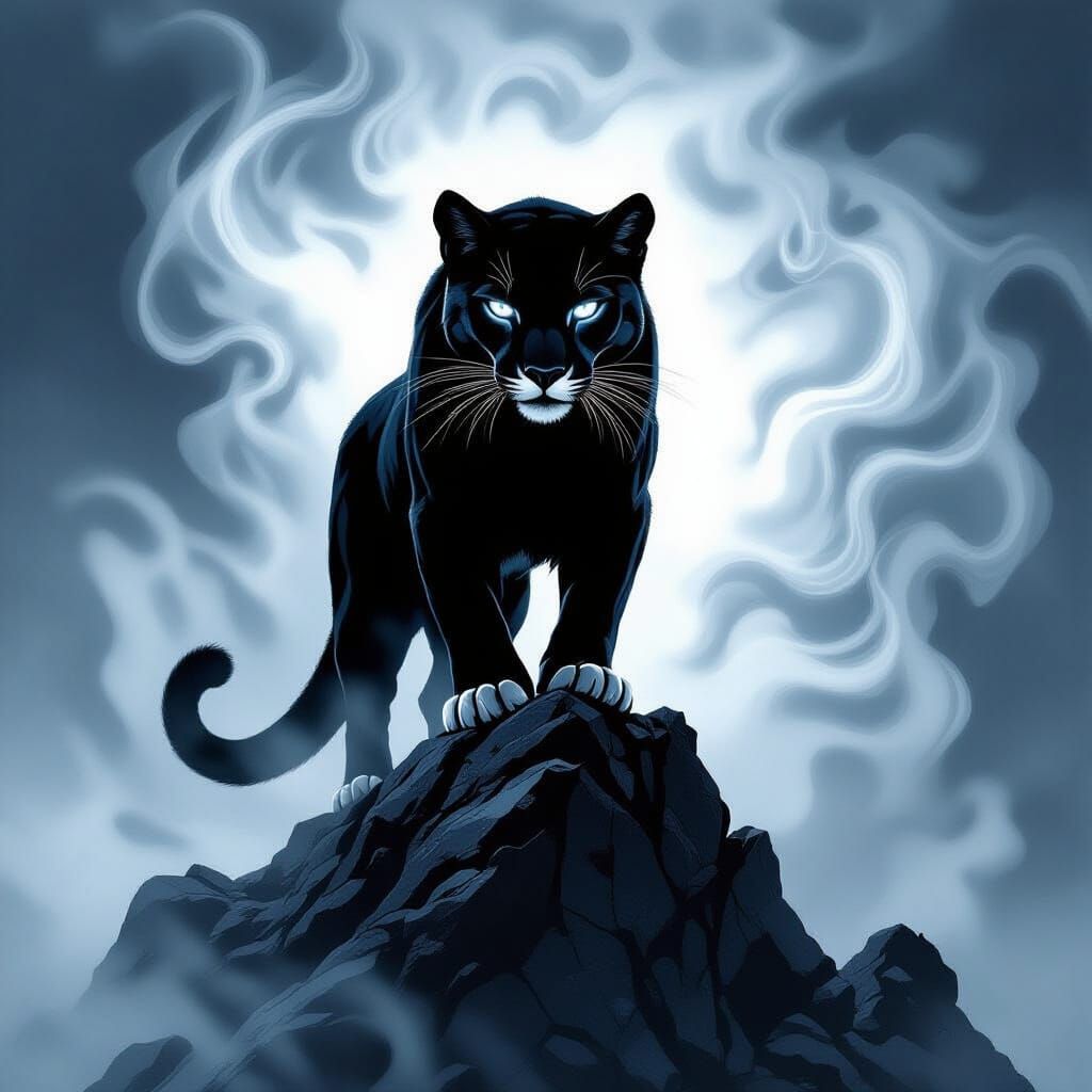 Mountain Lion Silhouette with White Eyes on Rocky Peak