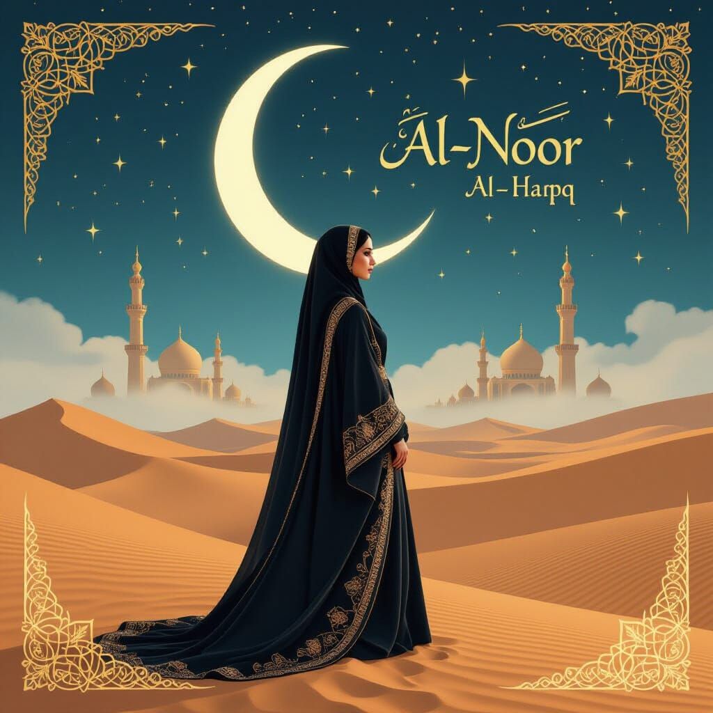 Woman in Abaya with Islamic Calligraphy and Geometric Design...