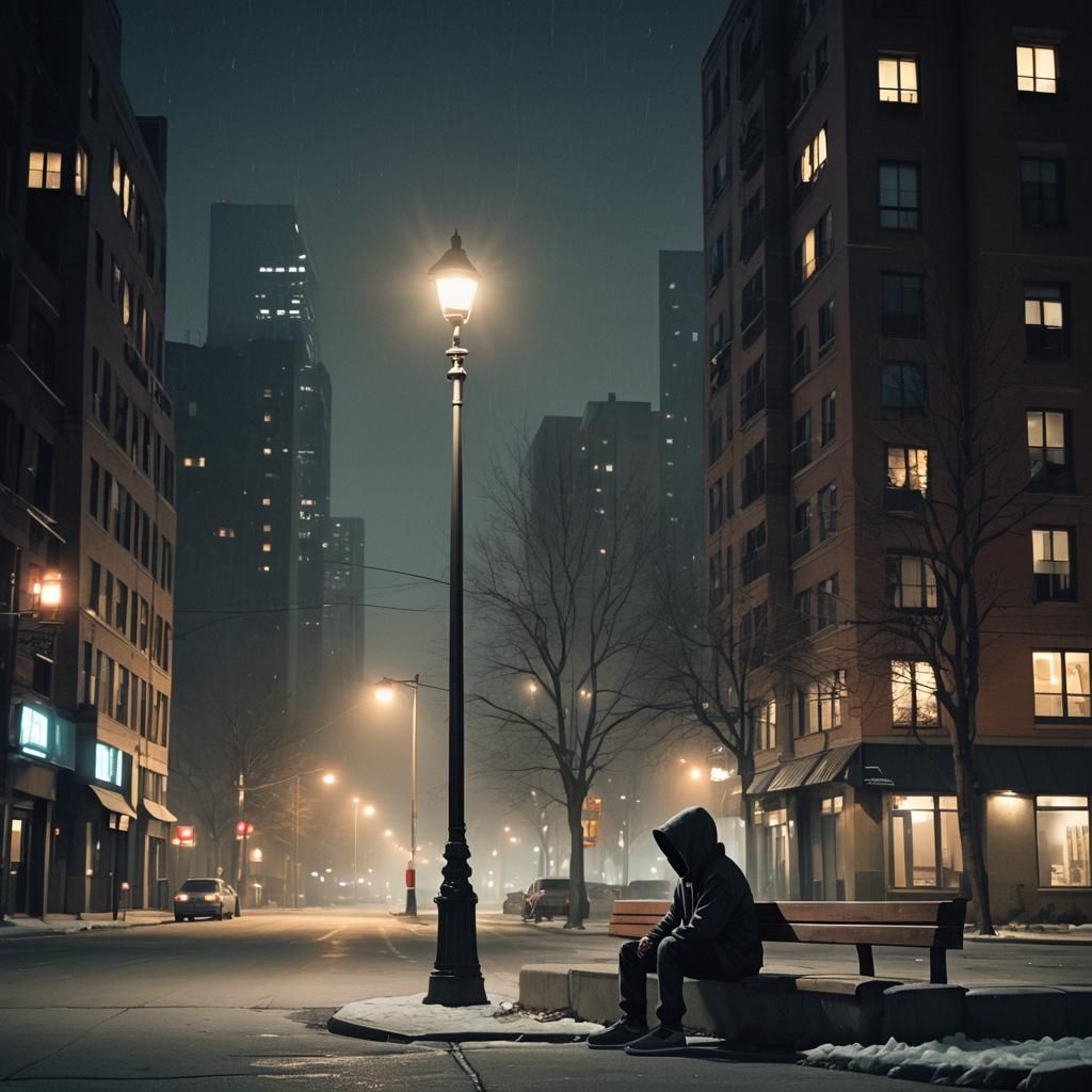 Urban Isolation: Person Under Street Lamp