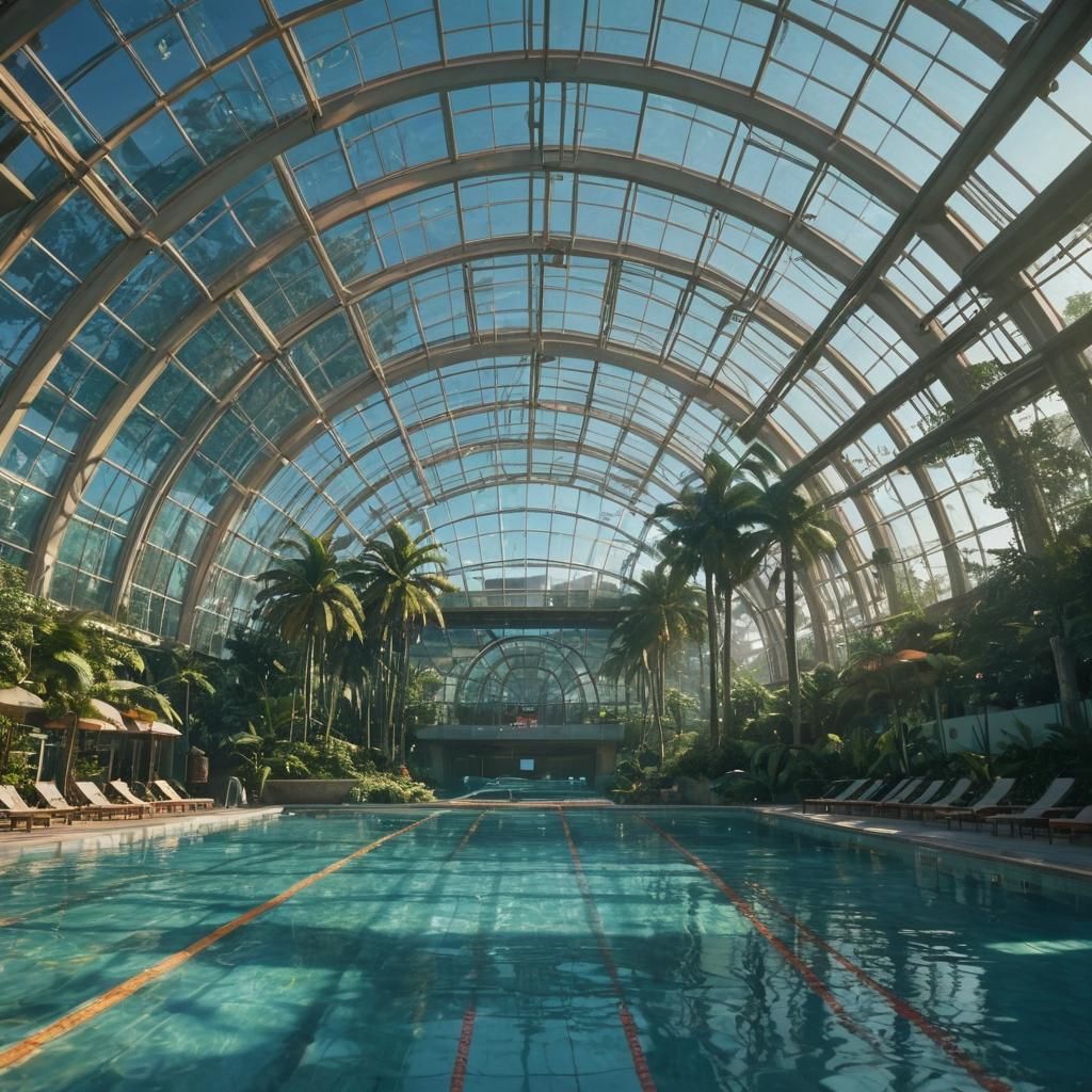 Inside of a glass pane indoor swimming Arena, park in the background.