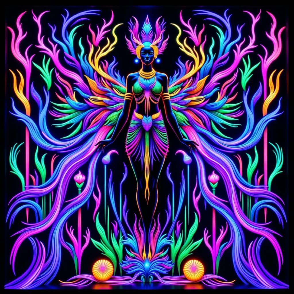 Vibrant Goddess of the Lake in Psychedelic Blacklight Style