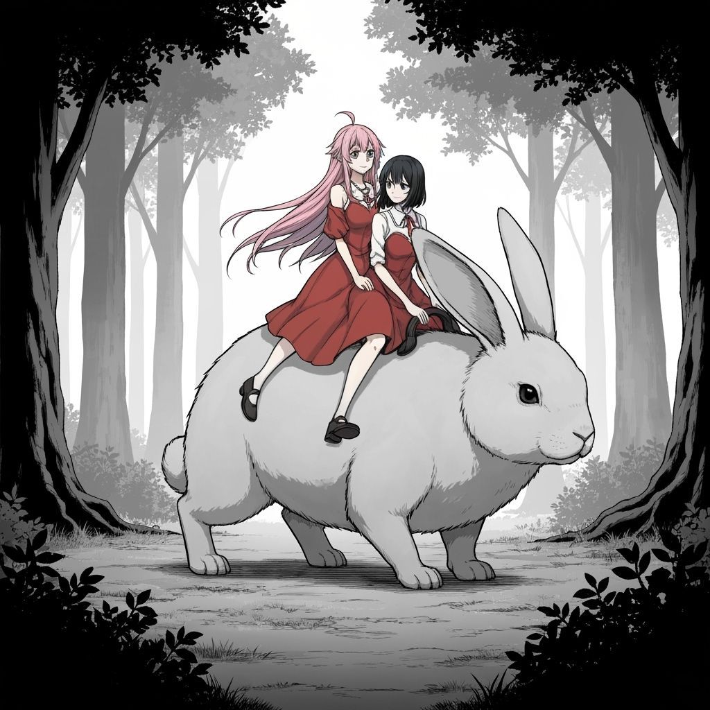Women Riding Giant Rabbit in Forest, Black and White Anime S...