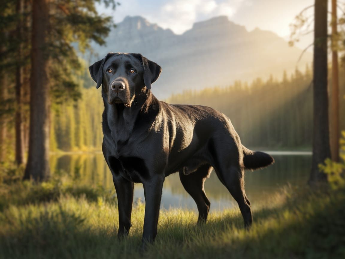 Majestic Black Labrador in Sunlit Forest Clearing