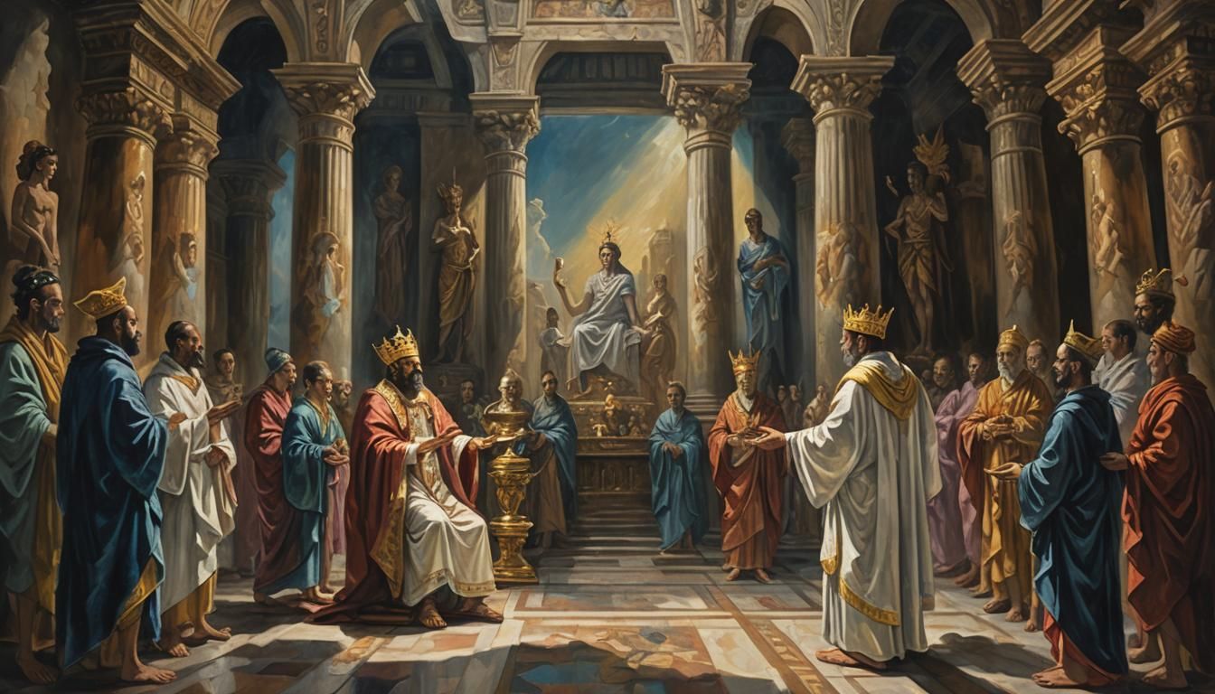 King Presents Offerings at Temple in El Greco Style