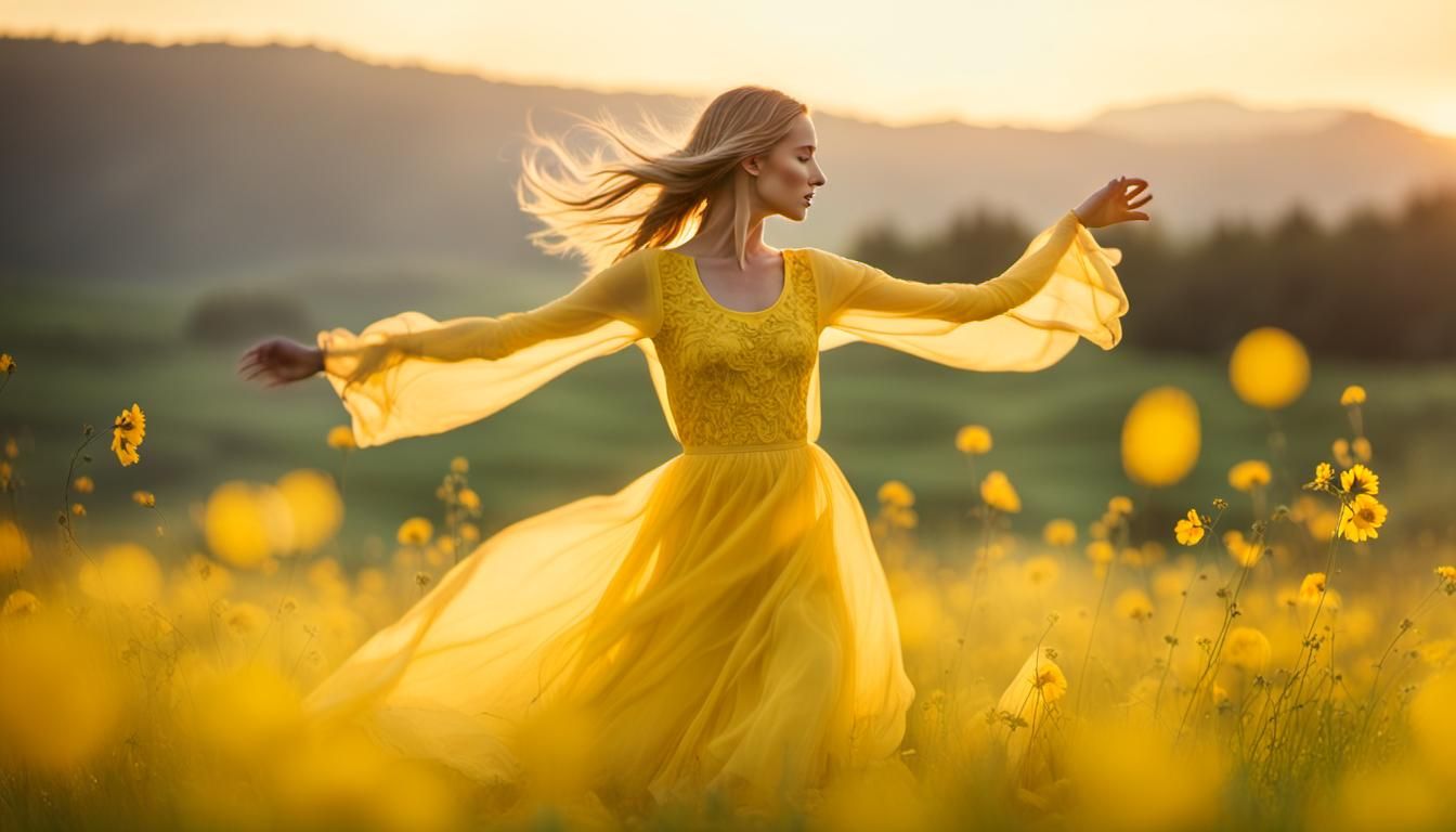 Ethereal Woman Dancing in a Yellow Flower Meadow