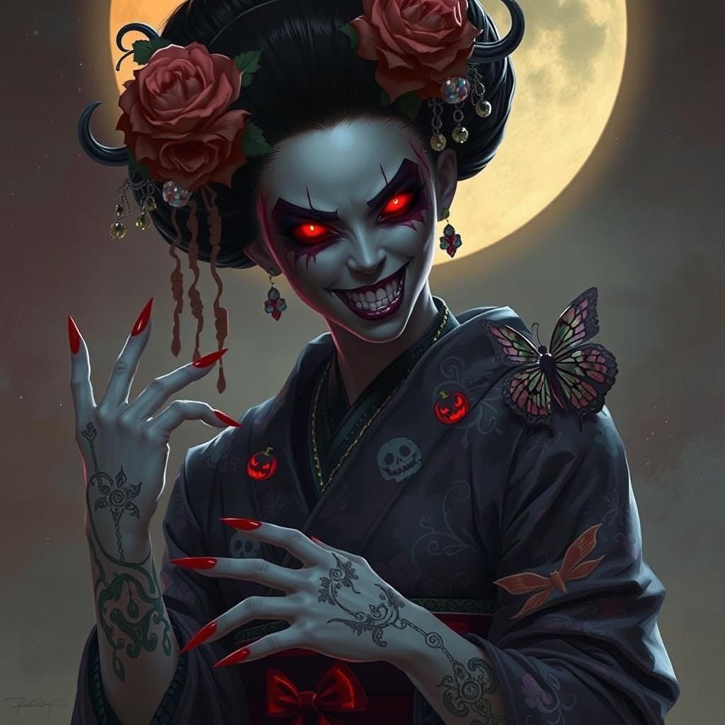 Vampire Geisha in Ornate Halloween Kimono