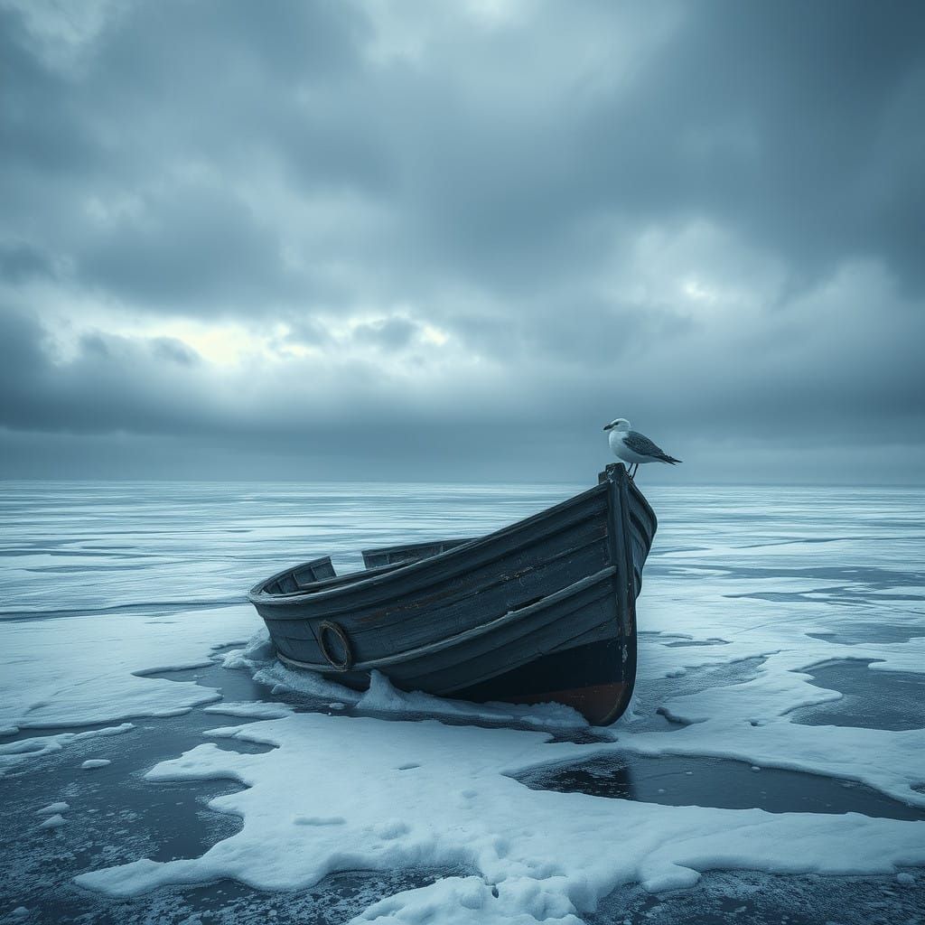 Frozen Winter Seascape with Stranded Wooden Boat