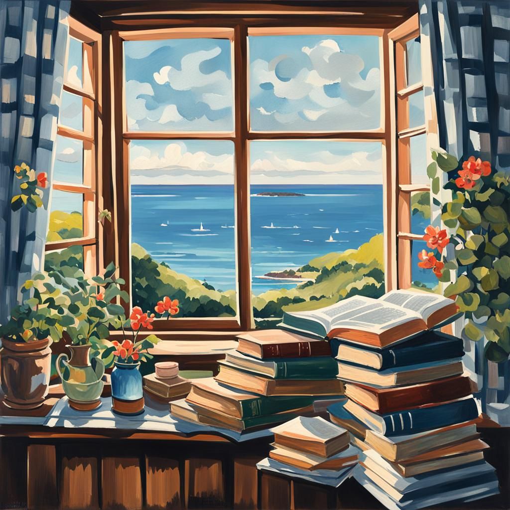 Books by the Sea: Detailed Gouache Painting