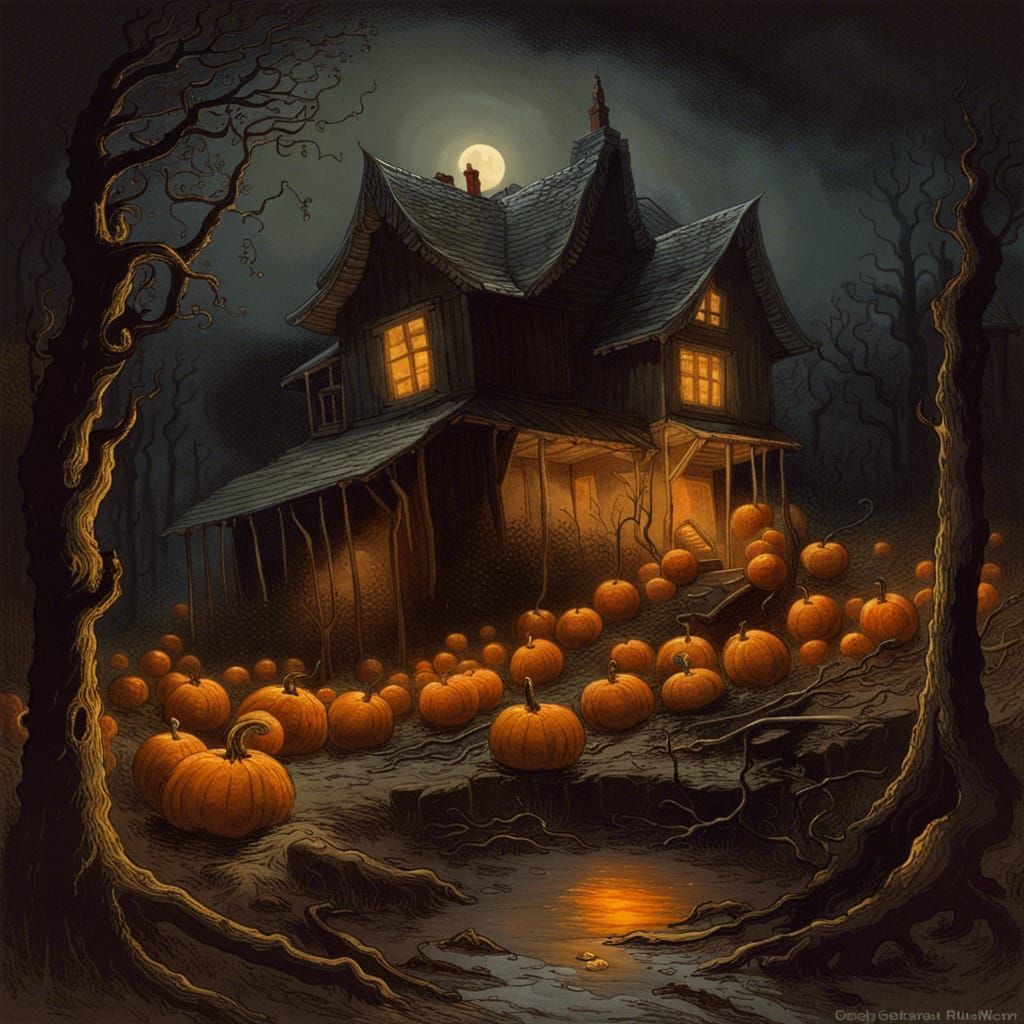 Eerie House in Woods with Glowing Pumpkins