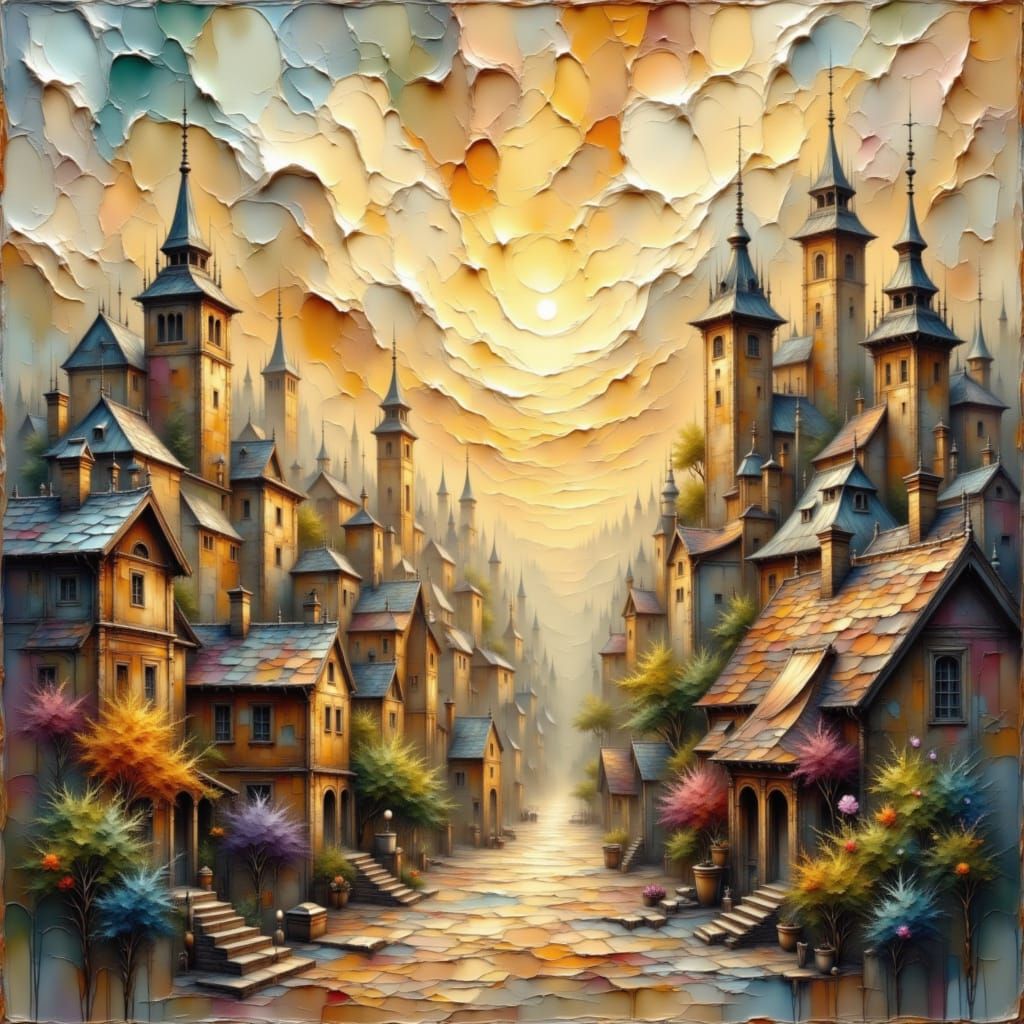 Dreamlike Cityscape with Towering Spires in Textured Impasto...