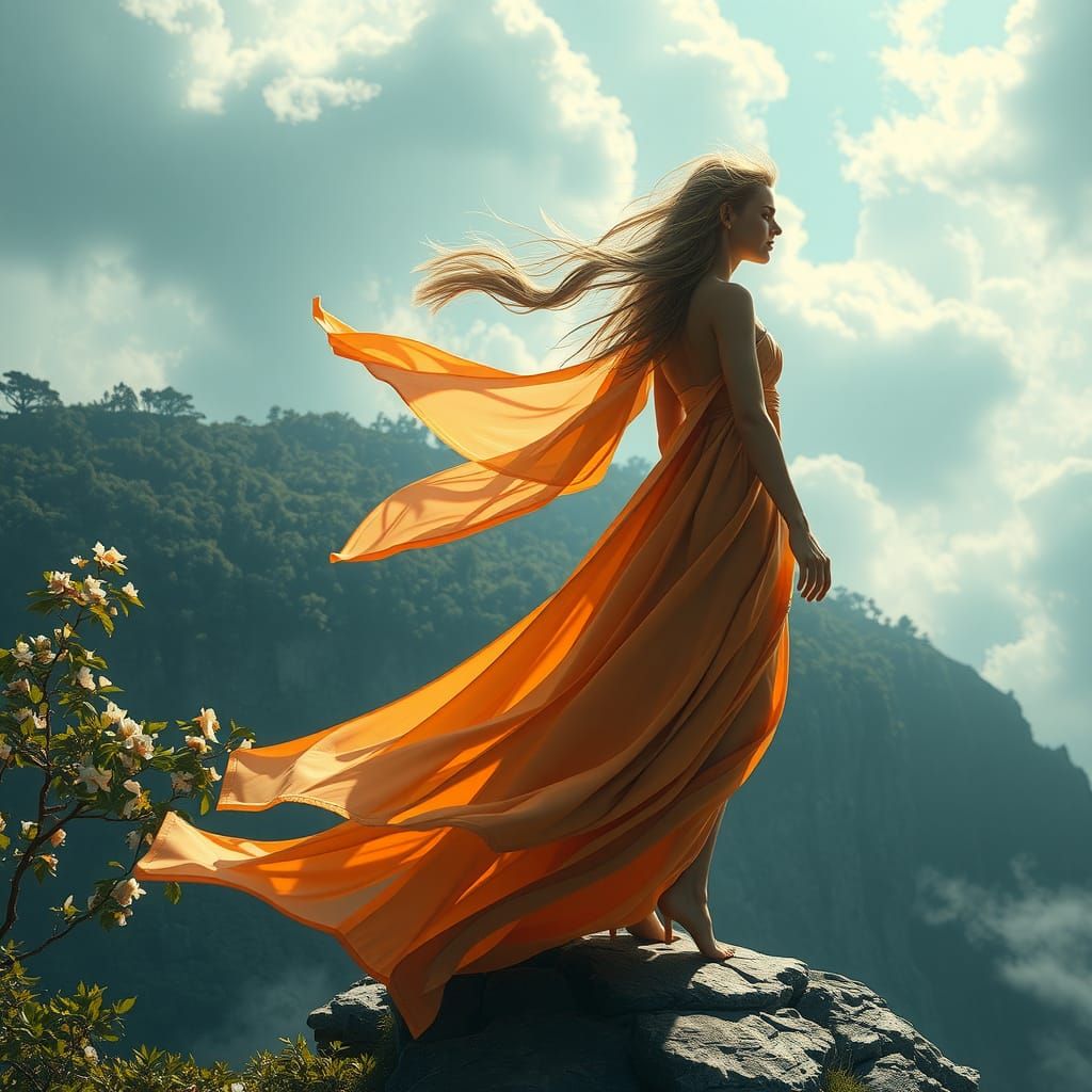 Hurricane Goddess at Cliff Edge in Art Nouveau Style