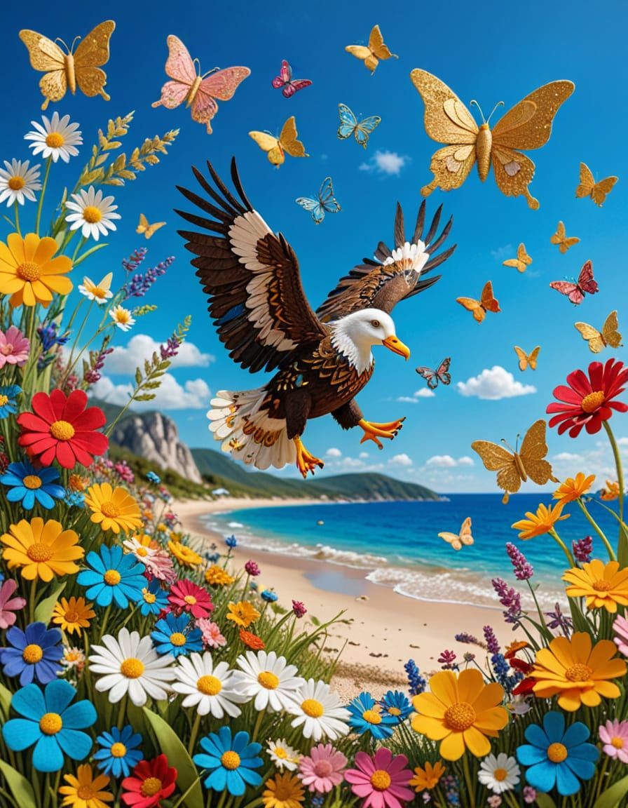 Felt Art Eagle on Decorated Beach Holidays