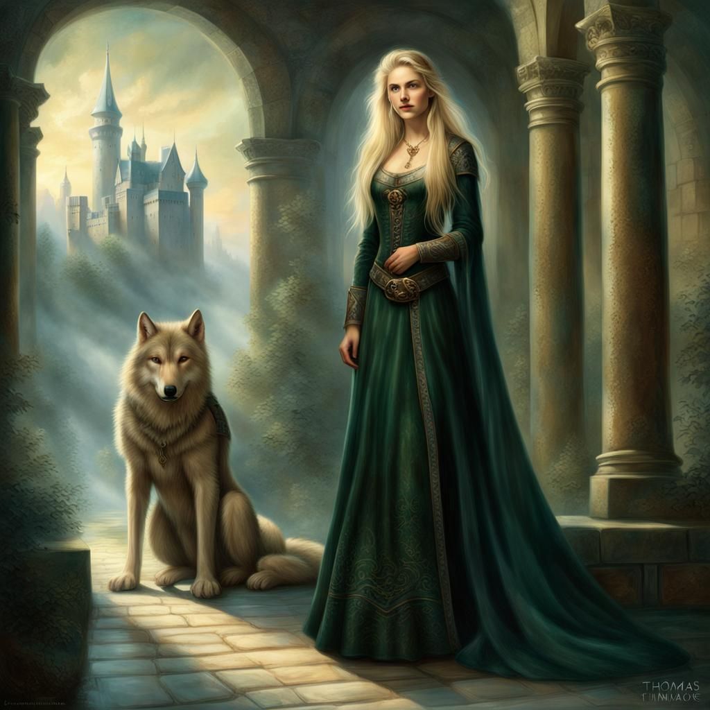Noble Woman and Wolf in Viking Castle Foyer