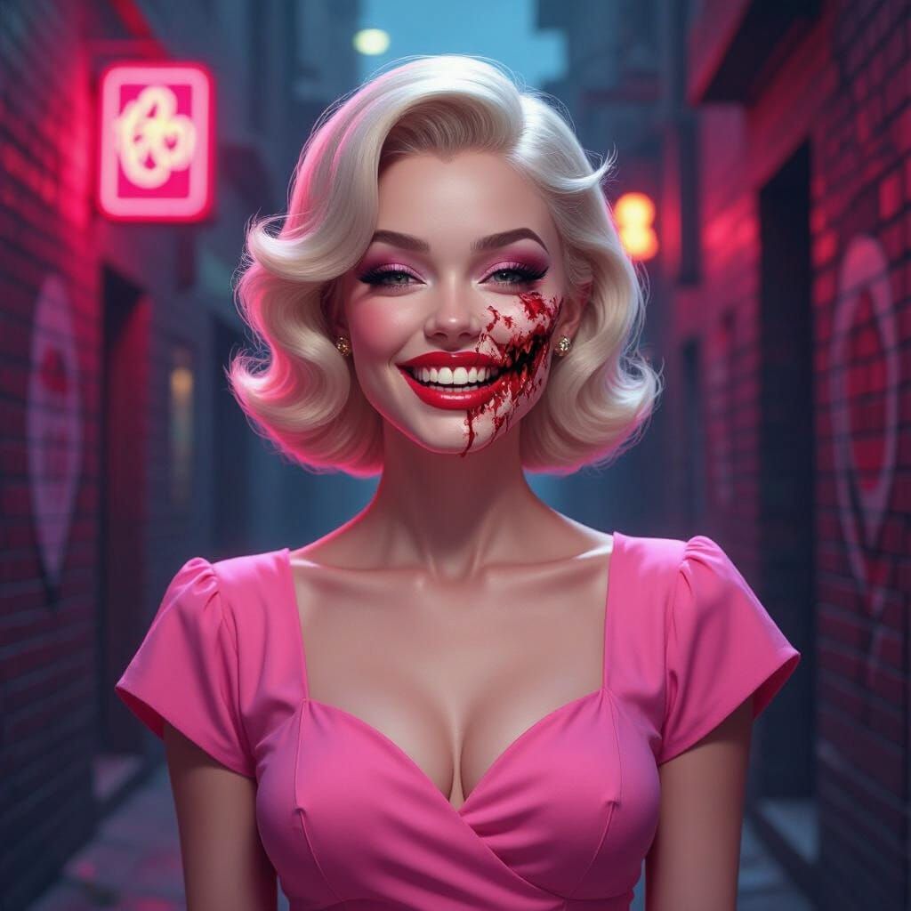 Grotesque Doll-like Supervillain in Neon Alley