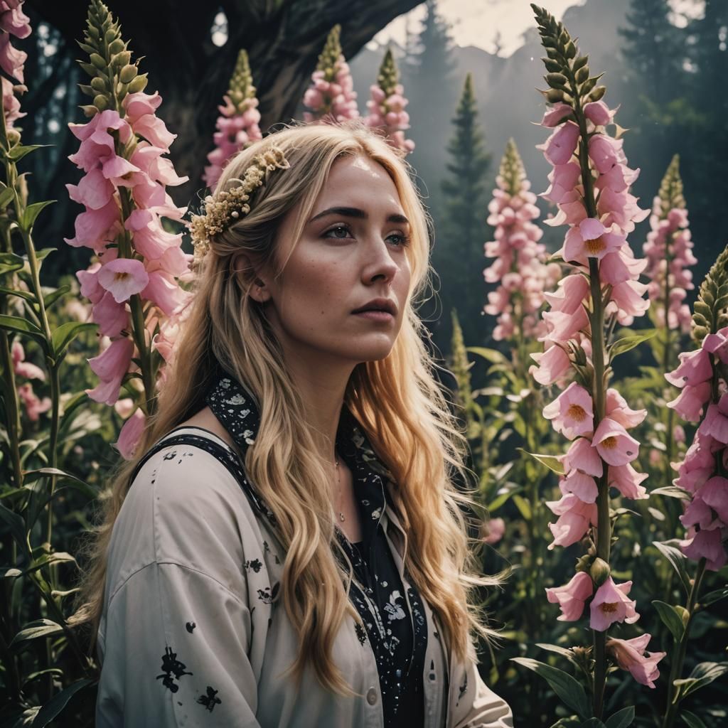 Digitalis Flower and Blonde Girl in Ink Art