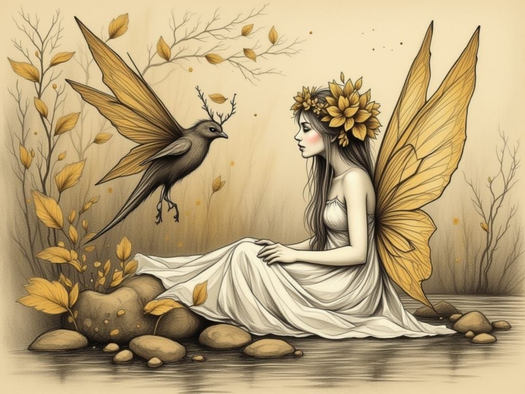 Ethereal Fairy by a Lake in Sketch Style