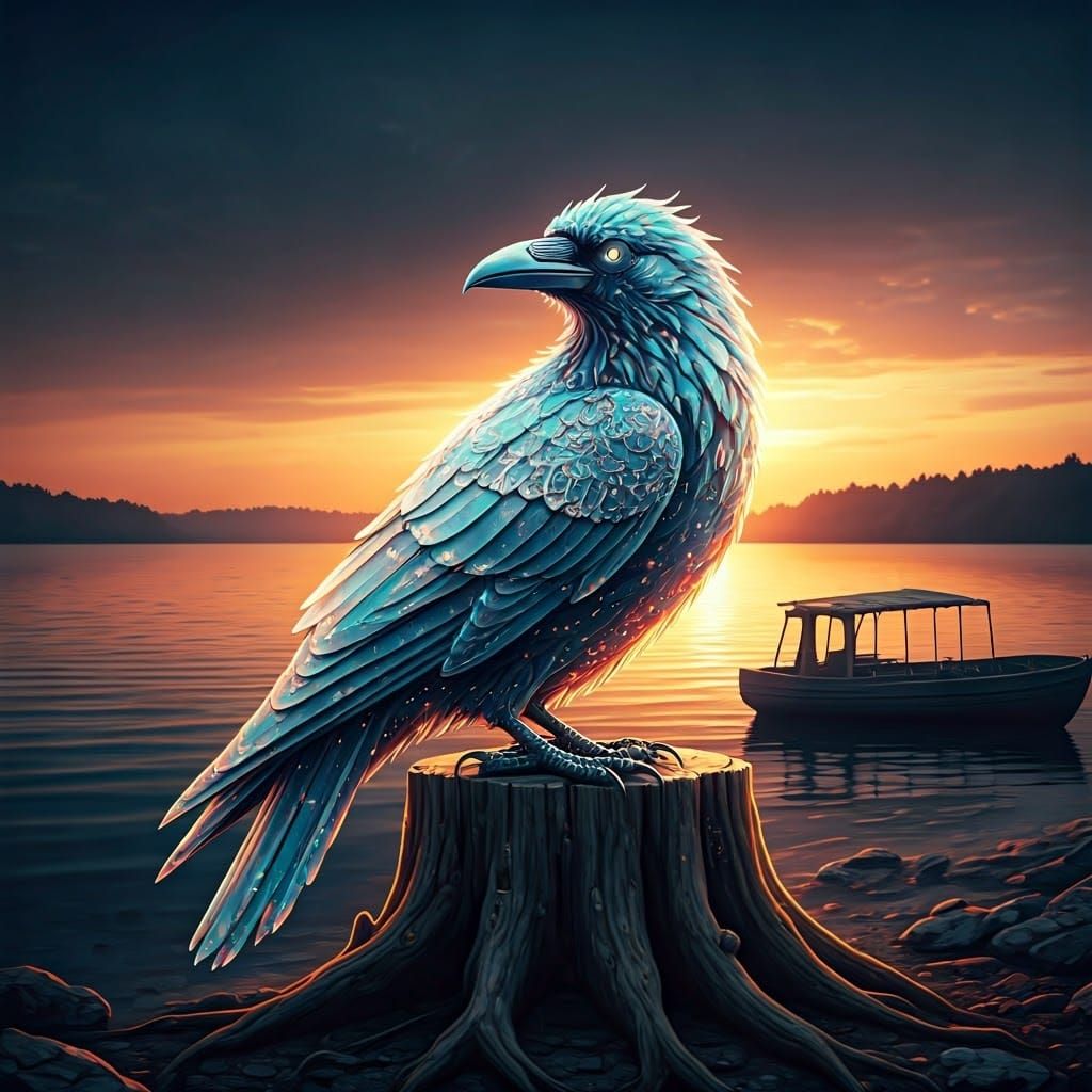 Bioluminescent Crystal Raven Watercolor Fantasy Art