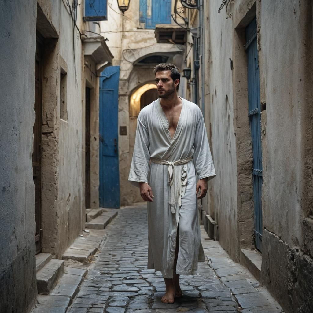 Weary Greek Man in Mystical Alleyway: Fantasy Art