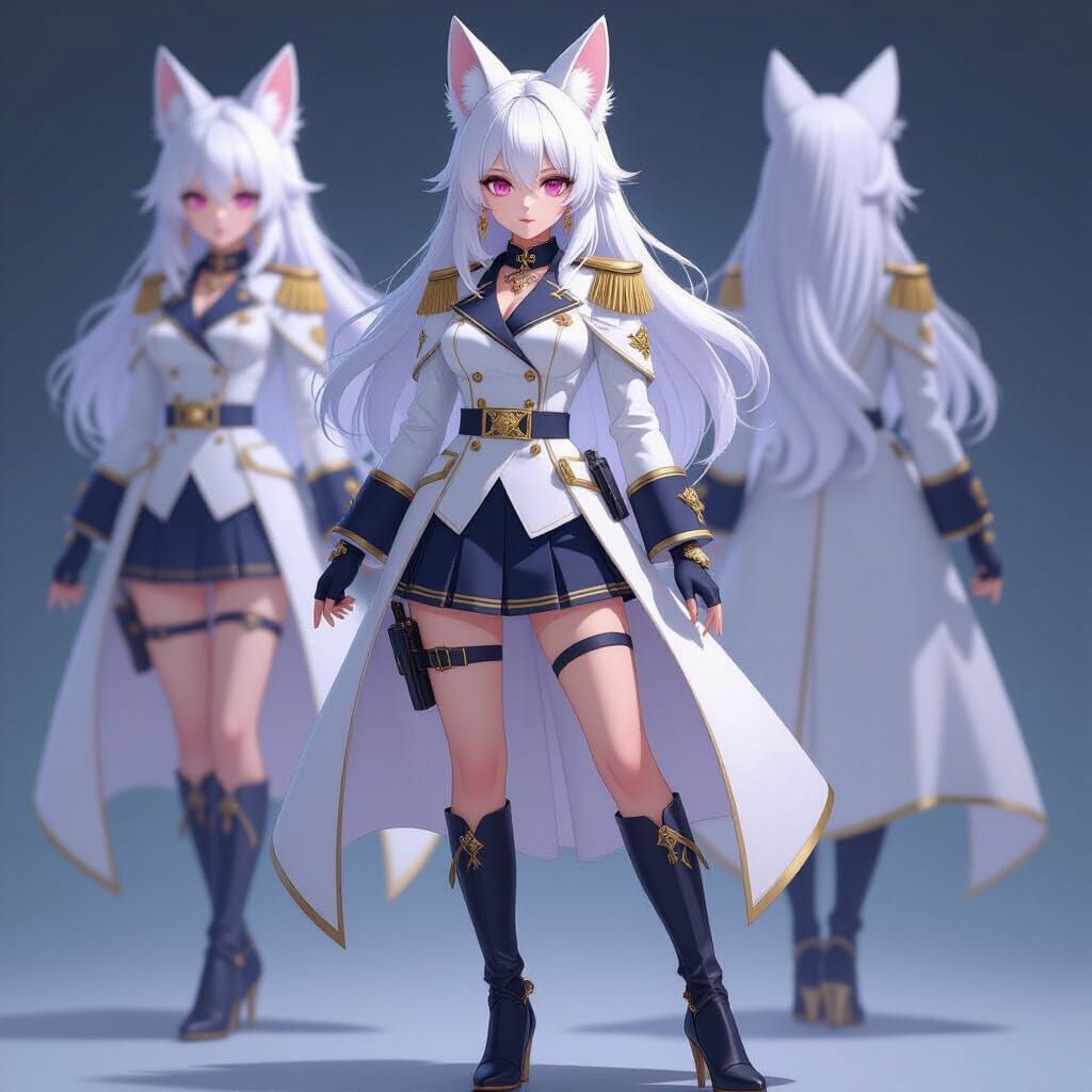 Anime Kitsune Admiral with White Hair and Pink Eyes