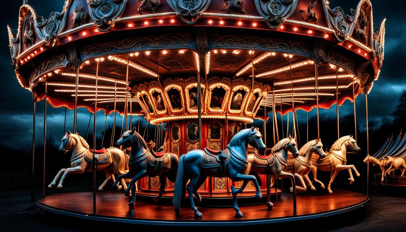Dracula's Carousel  with horse and wolves  intricate details, HDR, beautifully shot, hyperrealistic, sharp focus, 64 meg...