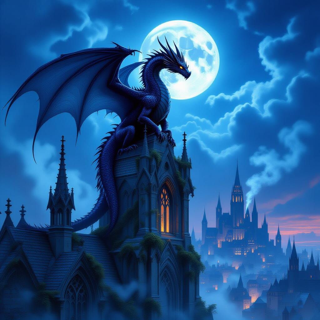 Obsidian Dragon on Gothic Cathedral at Twin-Moon Night