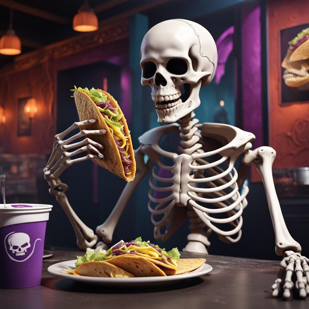 Skeleton Eats at Taco Bell: Detailed Matte Painting