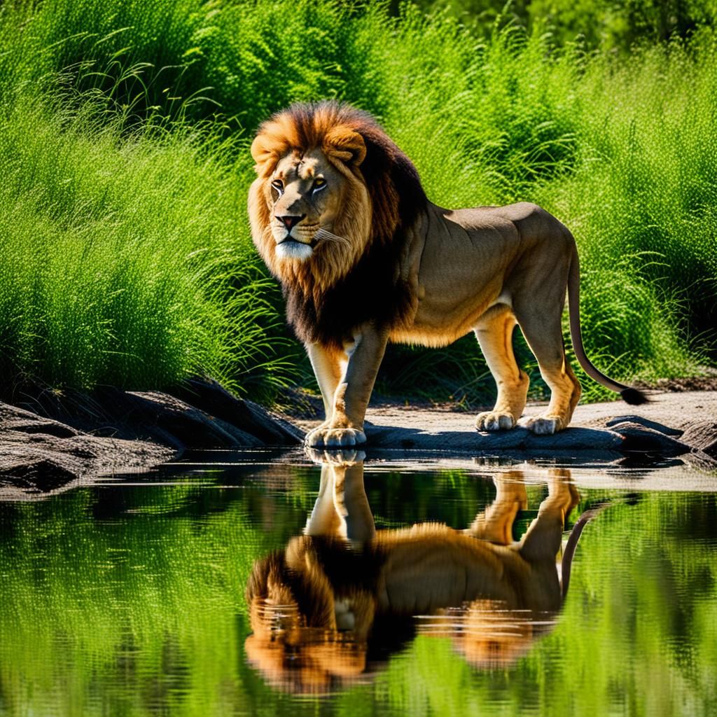 Lion's Reflection in Calm River