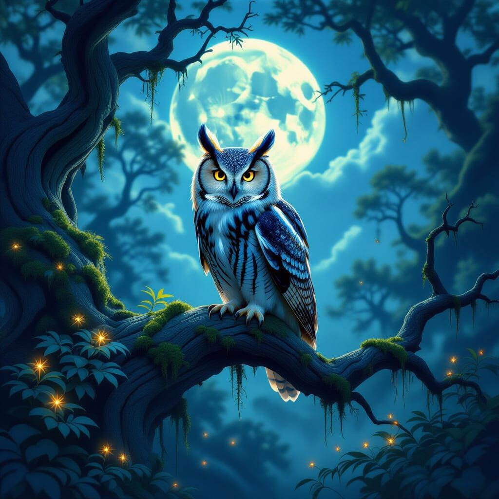 Majestic Owl With Bioluminescent Feathers in Enchanted Fores...