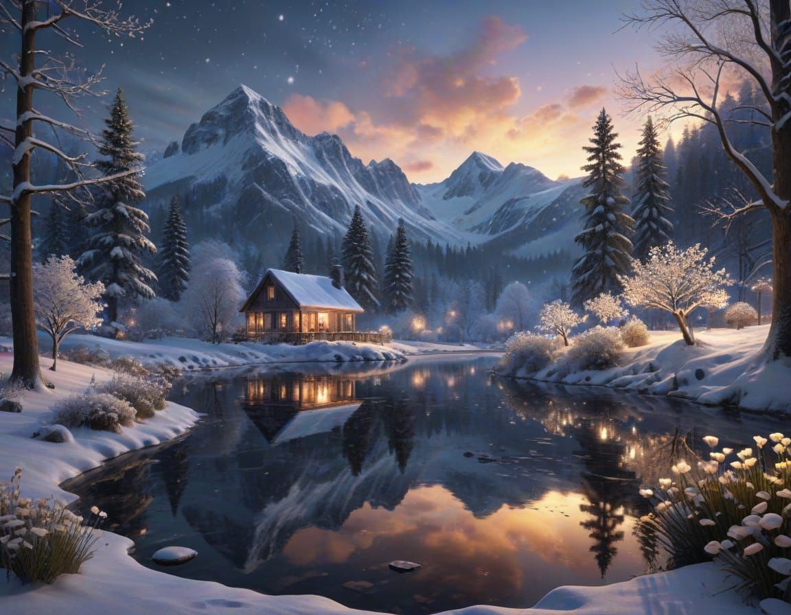 Surreal Winter Sunset Reflection in Mirror Lake