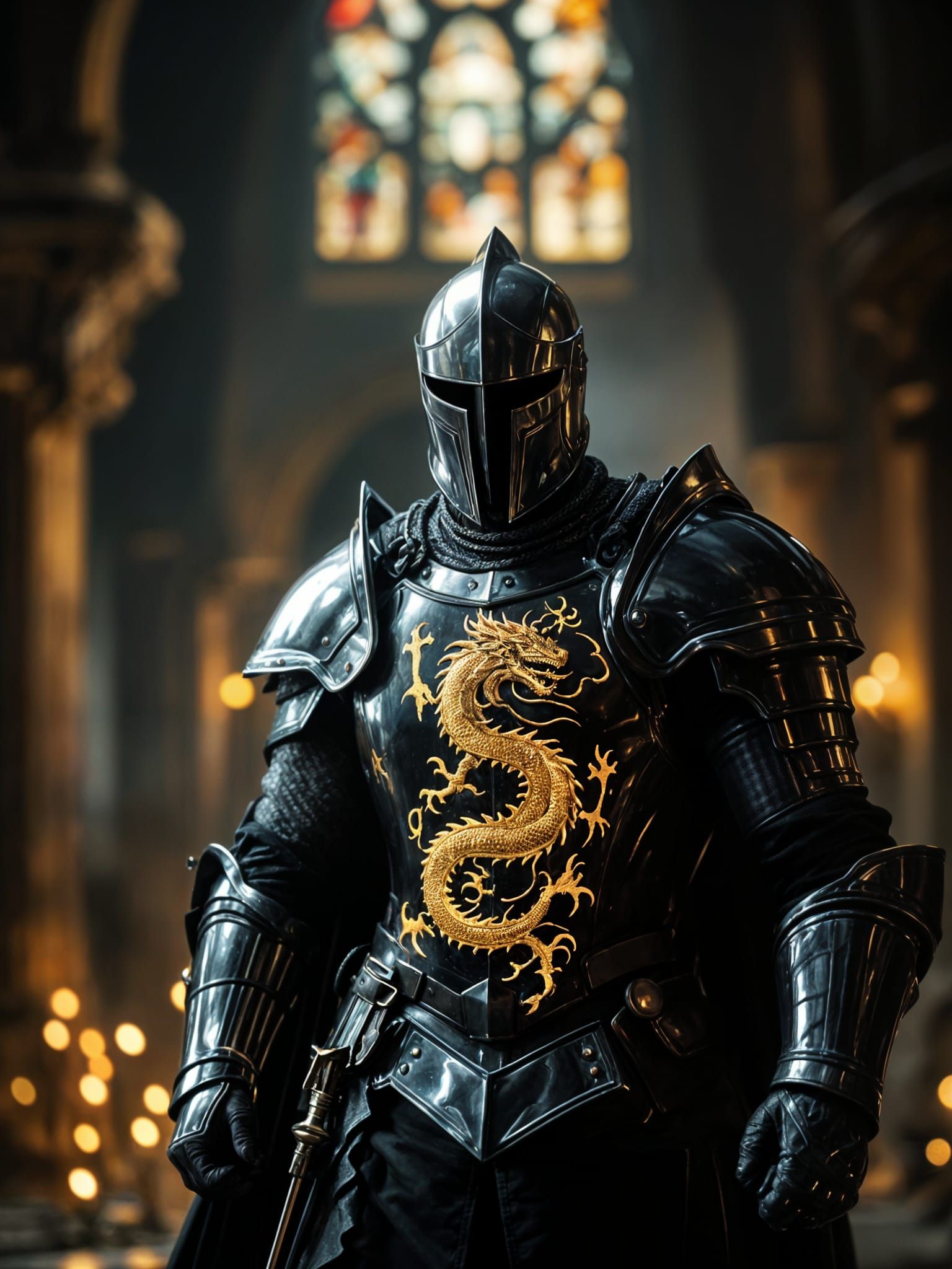 Knight in Chrome Armor Cinematic Film Still