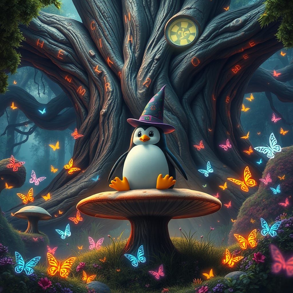 Wizard Penguin in Enchanted Forest, Matte Painting