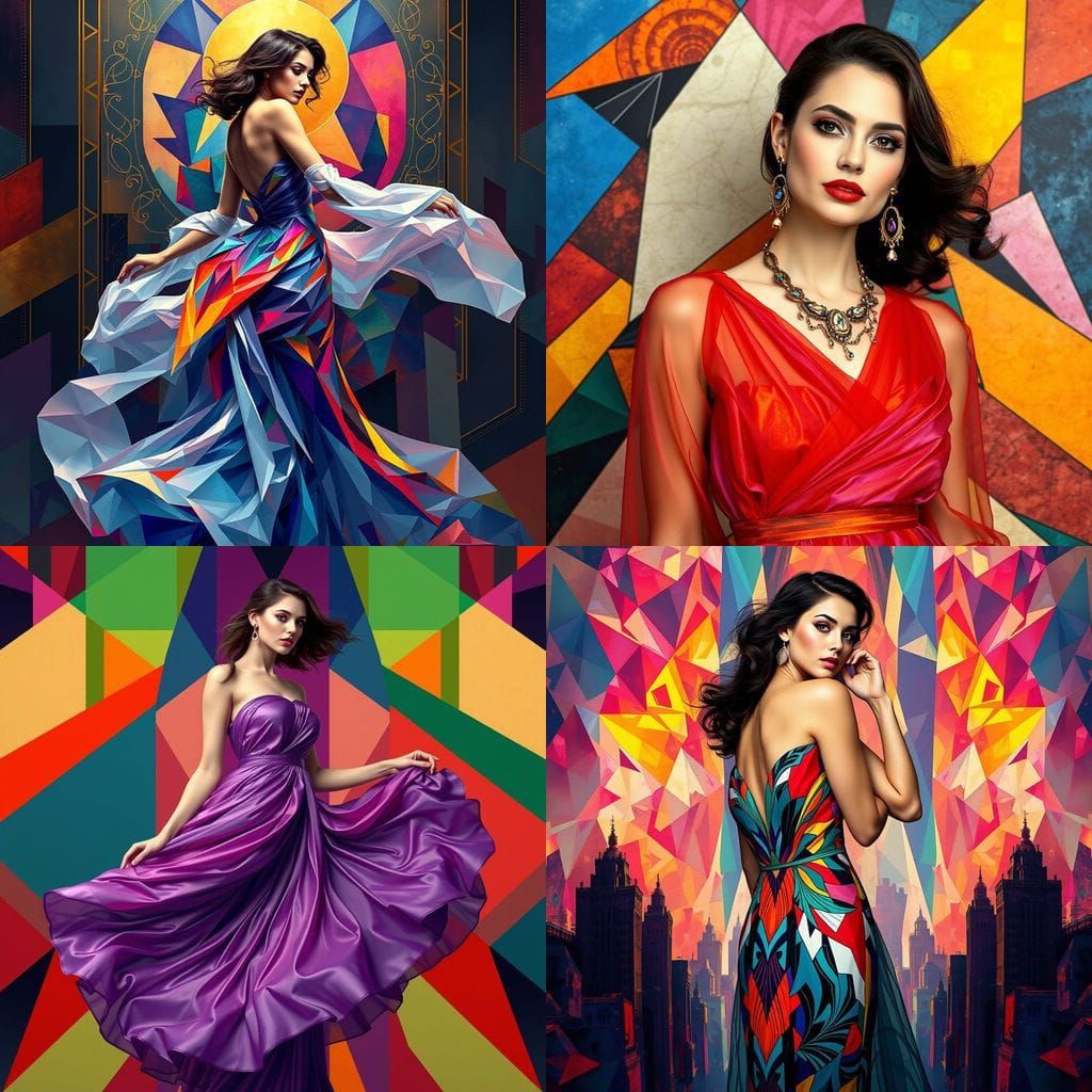 Woman in Vibrant Cubist Style with Overlapping Geometries