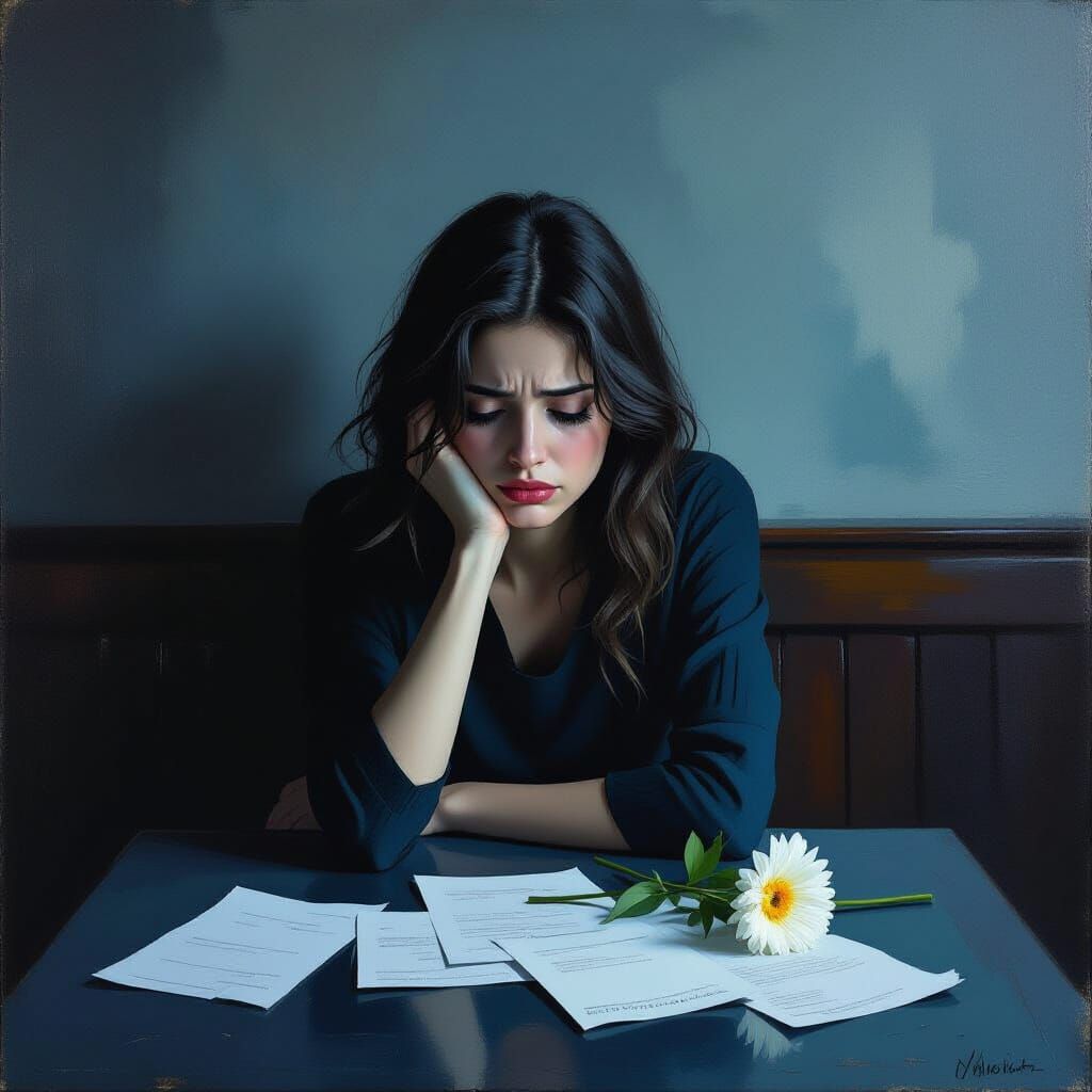 Woman's Despair After Business Failure in Moody Oil Painting