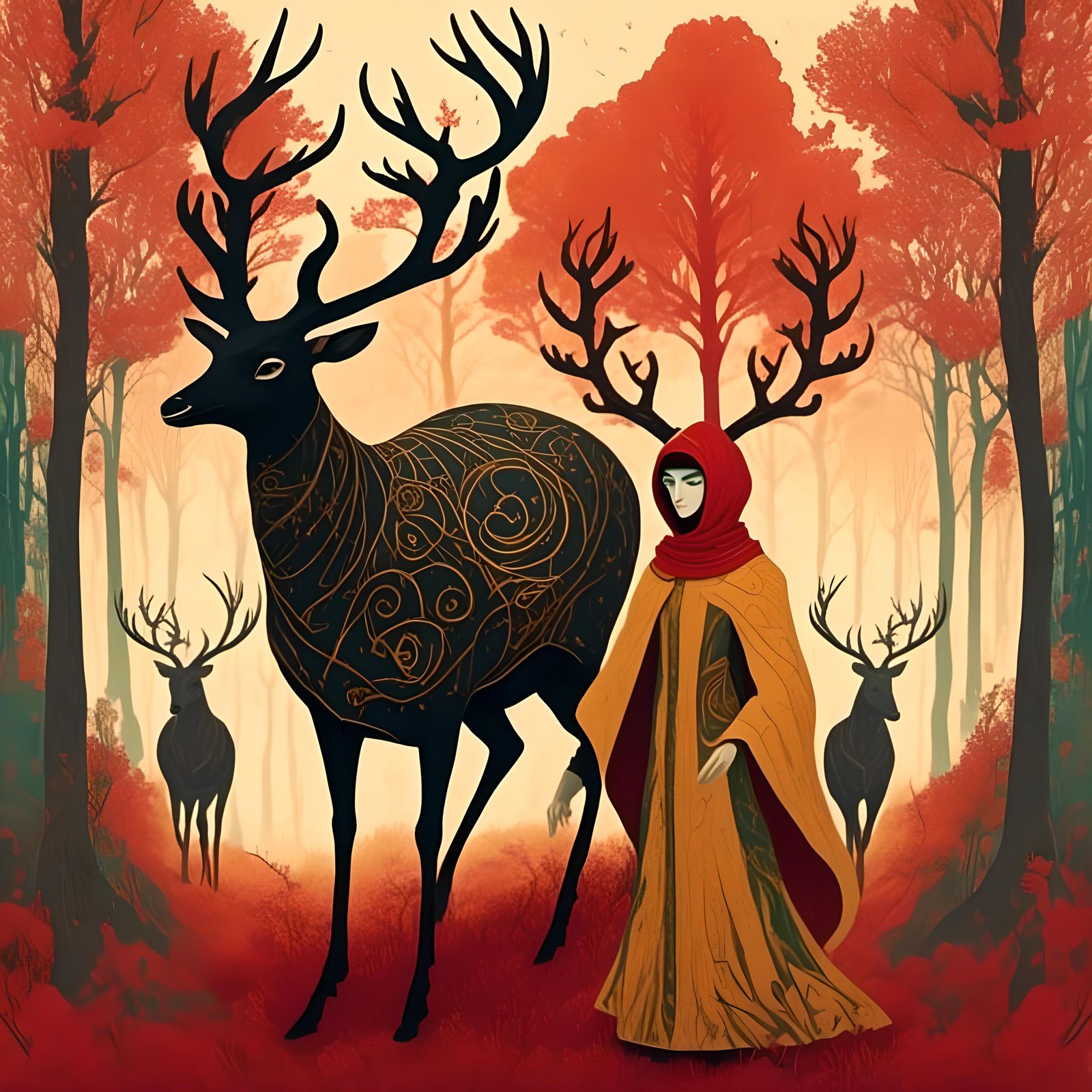 Pagan Priests and Horned God in Forest