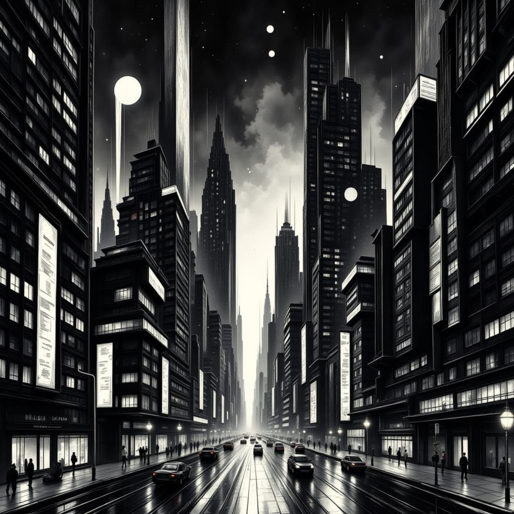 <lora:Draw Me A Cityscape:1.0> <lora:Arkitechture:1.0> A vivid, high-contrast black and white cityscape at night, painte...