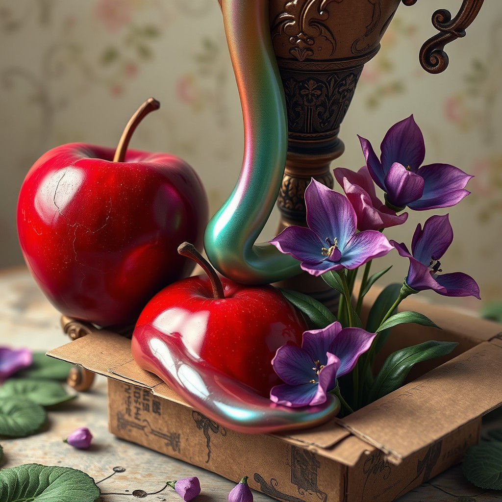 Ornate Vase with Apple and Flowers in Dreamlike Scene