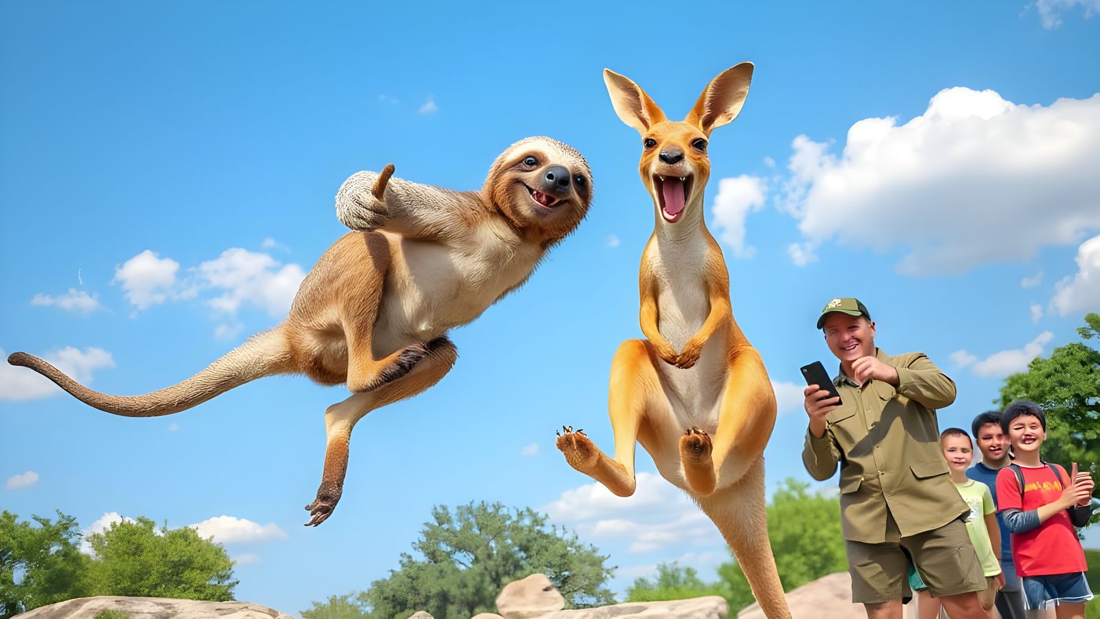 Sloth Rides Kangaroo in Whimsical Cartoon Style