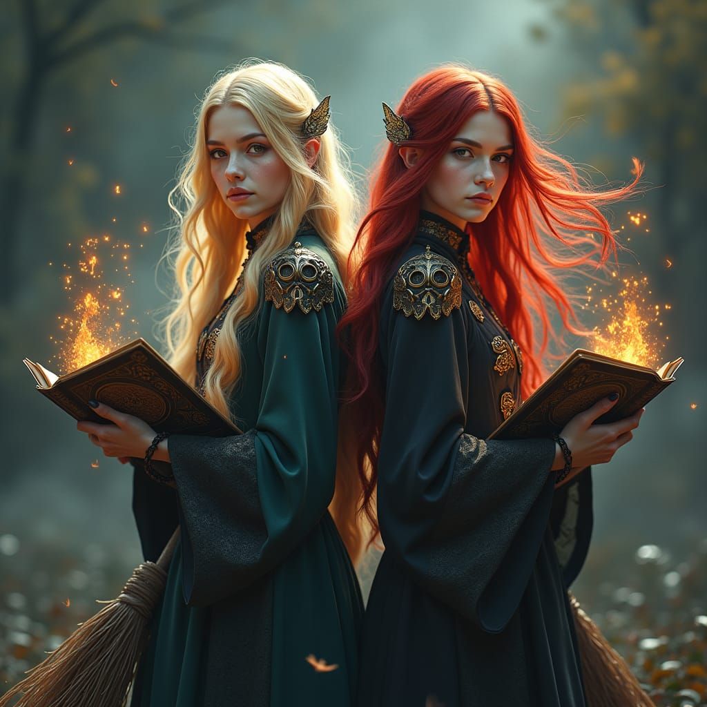 Mystical Twin Witches Casting Spells: Hyperrealistic Portrai...