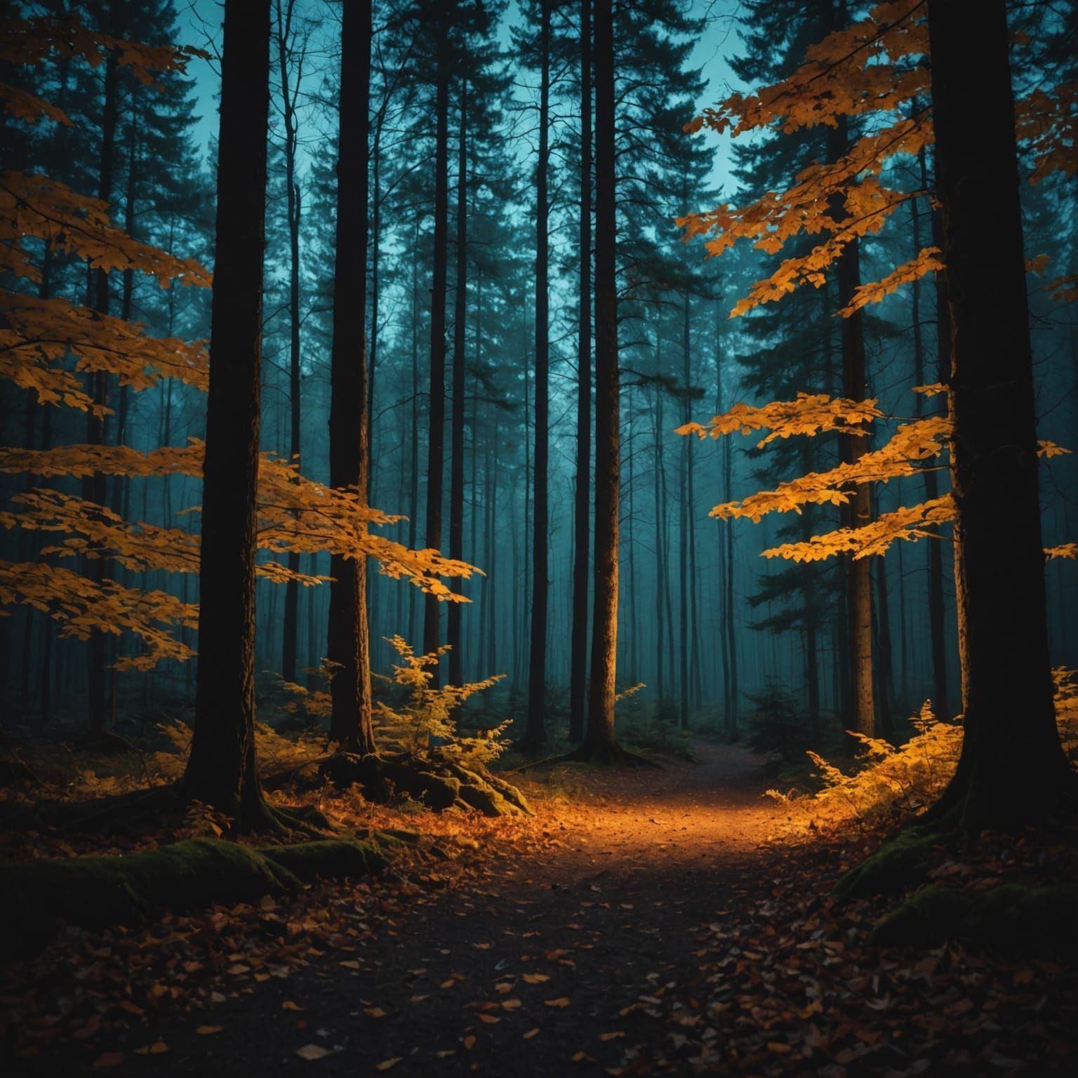 Autumn Forest at Night: Cinematic Film Still