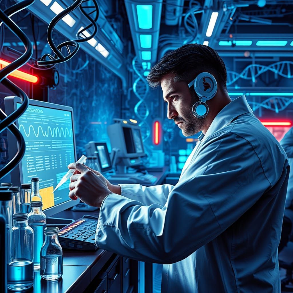 Futuristic Scientist in Genetic Sequencing Lab