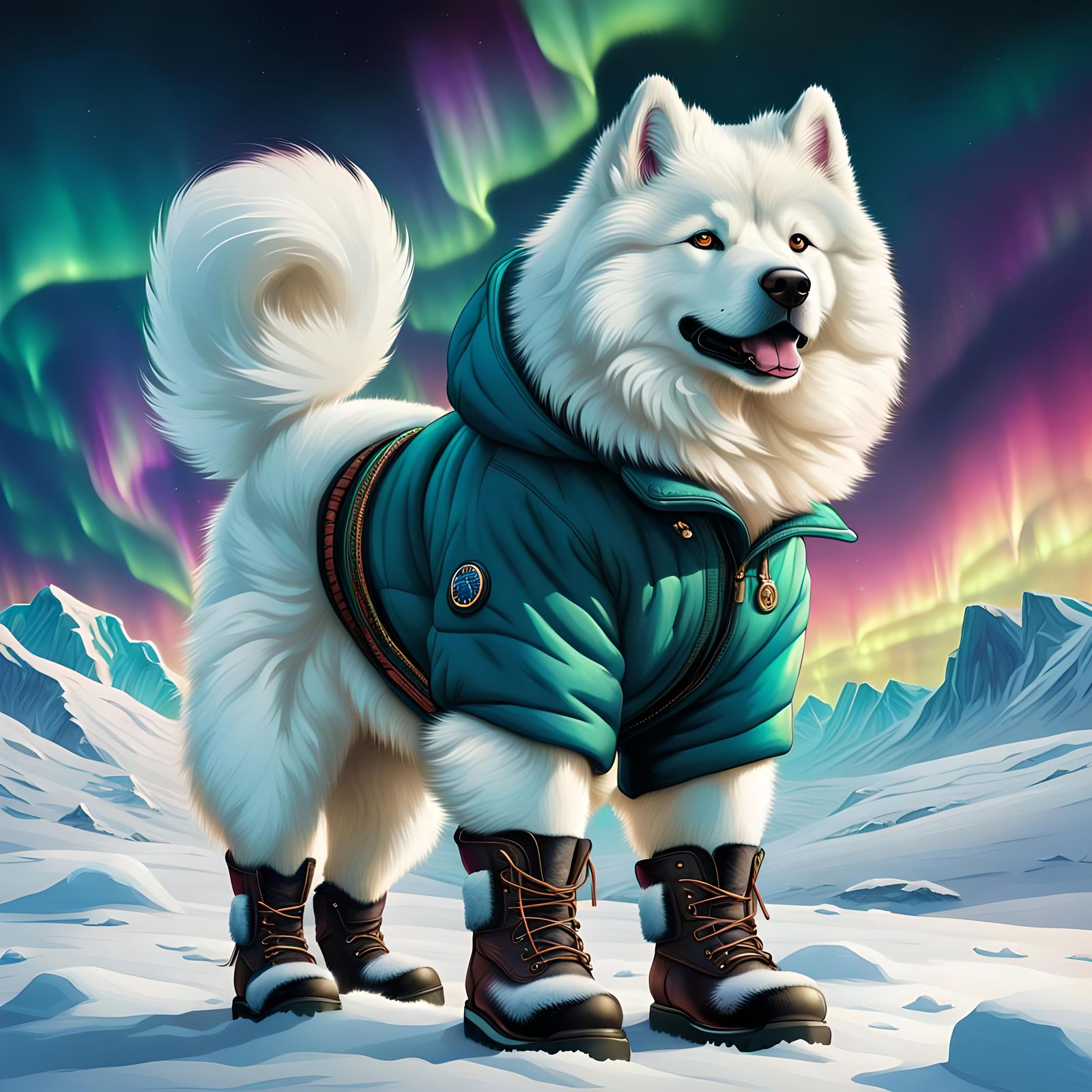 Samoyed Dog Gazing at Northern Lights