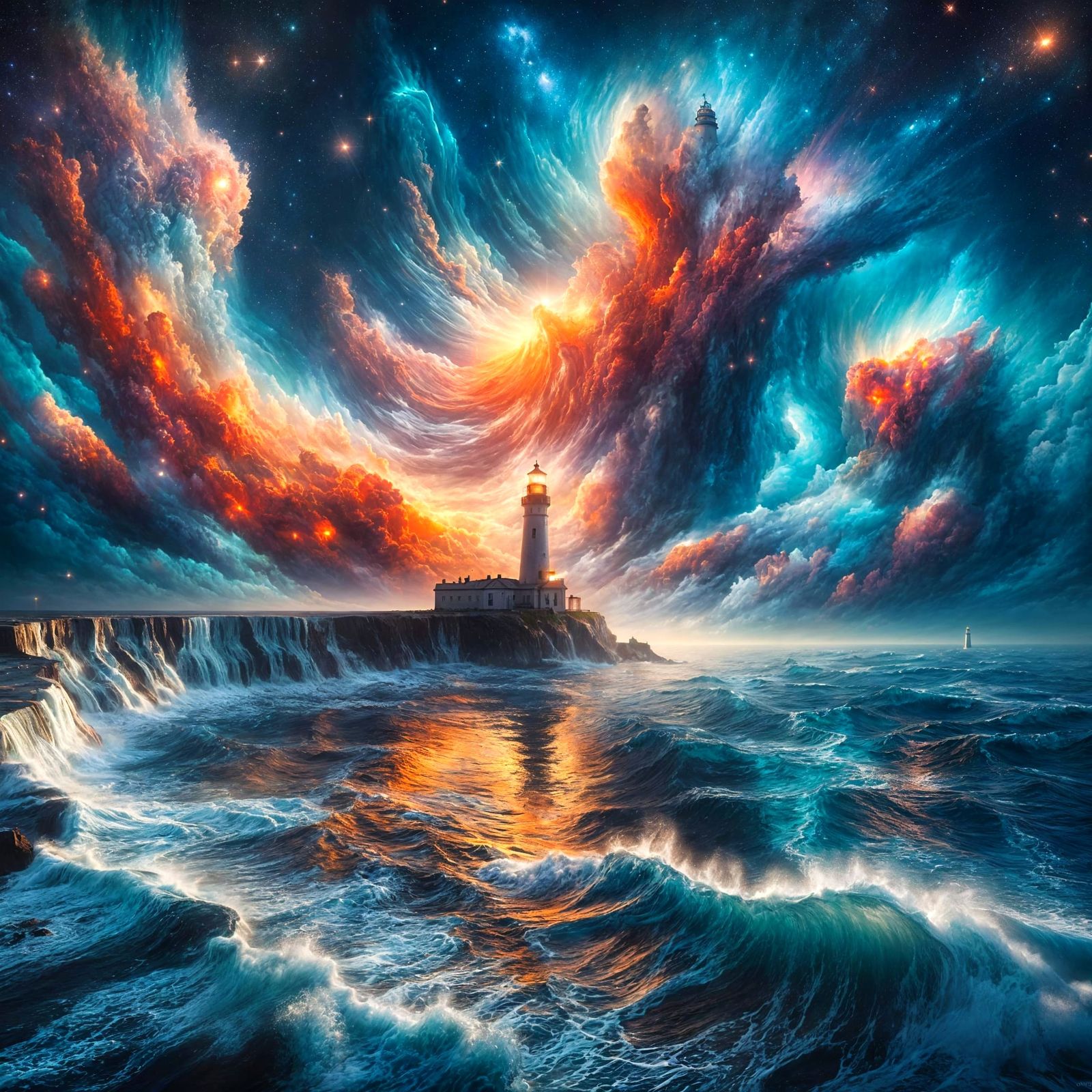 Surreal Lighthouse Seascape with Abstract Nebula