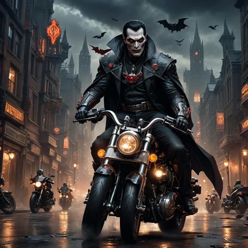 Cyborg Dracula Rides Motorcycle in Sci-Fi City
