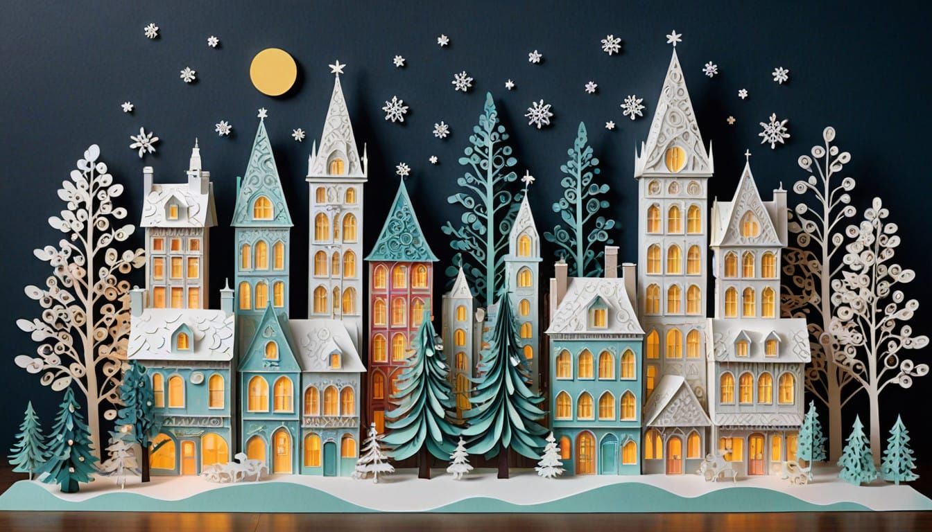 Whimsical Winter Cityscape in Papercraft Style