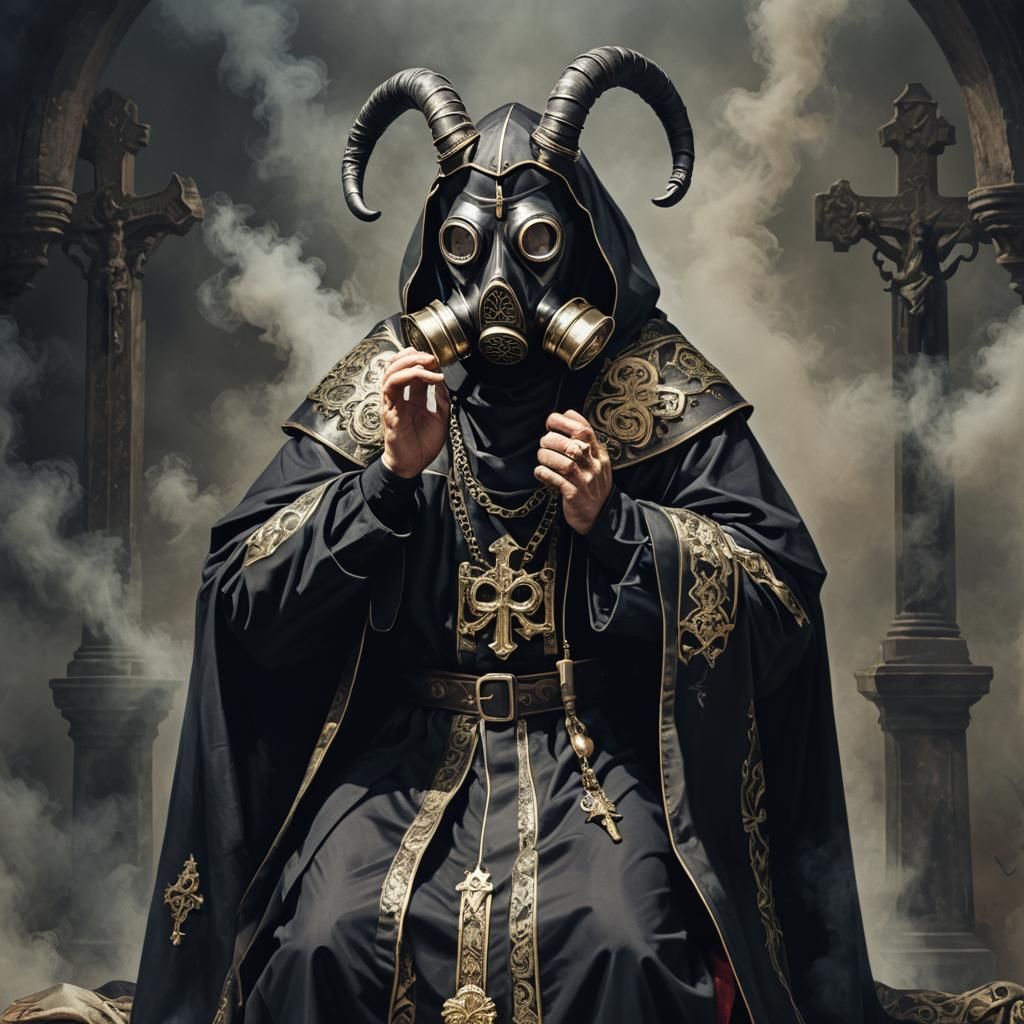 Demonic Priest Praying with Gas Mask