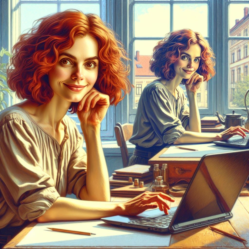Freelancer Working at Desk as Oil Painting
