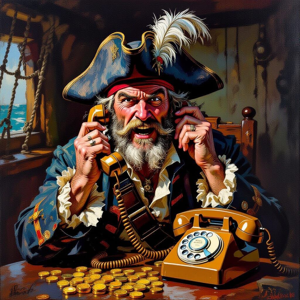 Pirate Talking on Rotary Phone in Ship Cabin